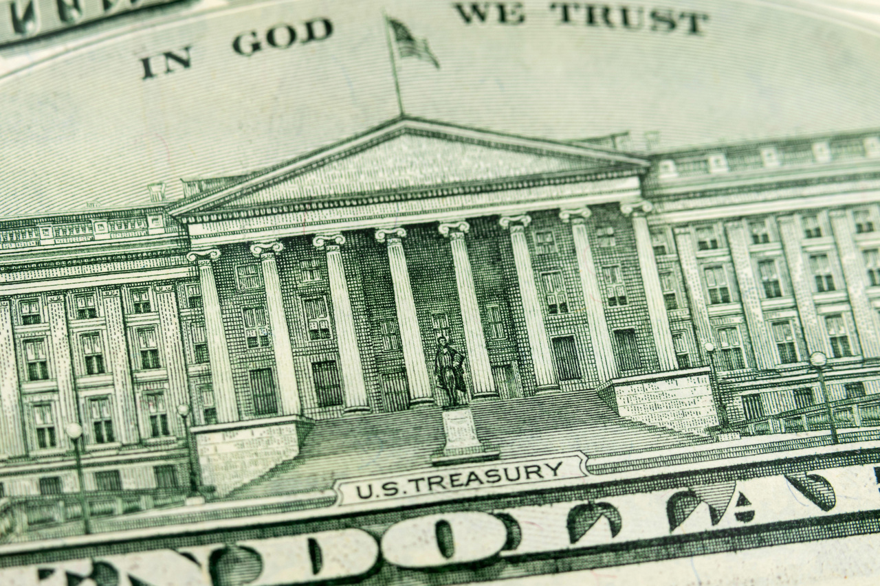 ten dollar bill closeup of US Treasury Building